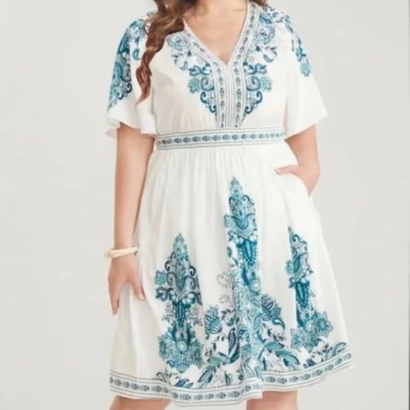 BloomChic Dresses & Skirts - BloomChic White Dress with Teal Blue Embroidery